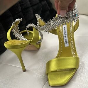 Manolo Blahnik silk sandals with crystal embellished trim 6.5